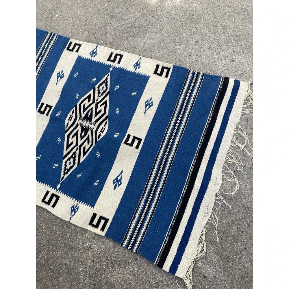 Antique Texcoco Rug Woven Blue Mexico Rio Grande 38x25 RARE